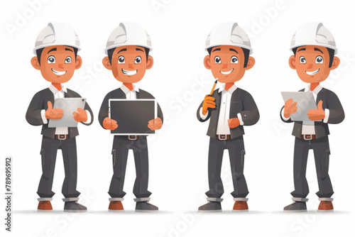 Set of character man. A businessman holds a tablet in his hands, shows on a blank poster for advertising or announcement. An engineer in a helmet and with a project in his hands 3D avatars set vector  © Ahtesham