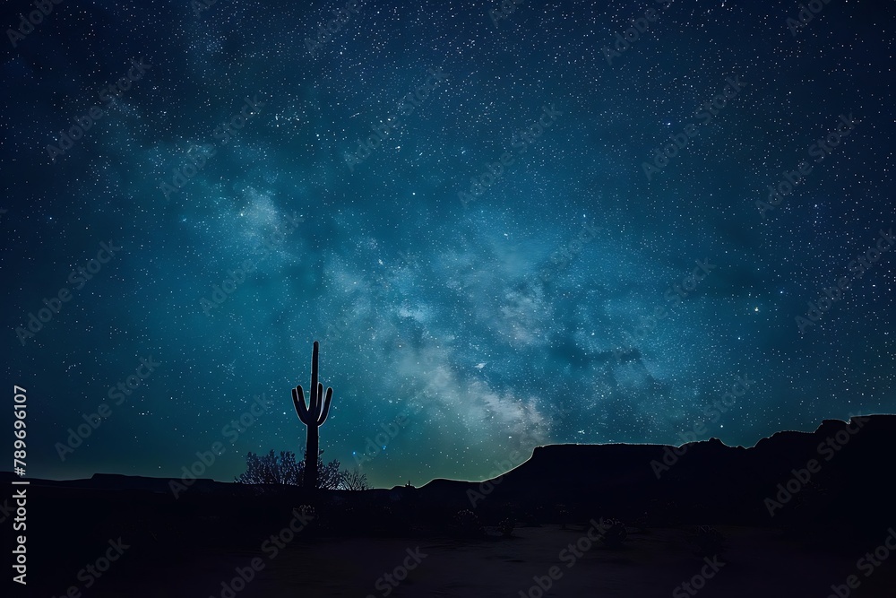 : A vast desert landscape under a starry night sky, with a solitary cactus silhouette.