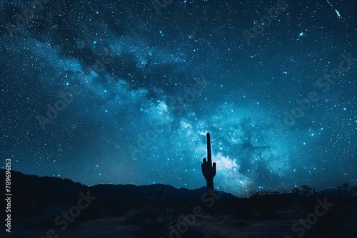 : A vast desert landscape under a starry night sky, with a solitary cactus silhouette. photo