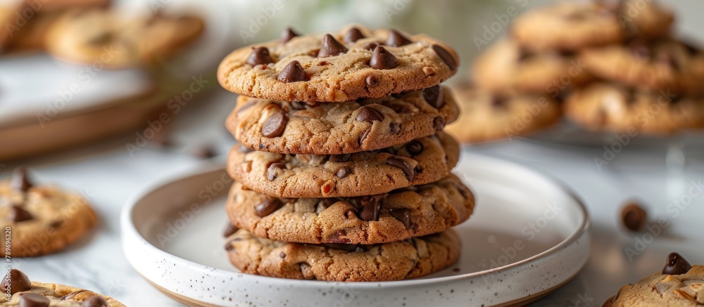 Stack of Chocolate Chip Cookies on Plate Stack of Chocolate Chip Cookies on Plate