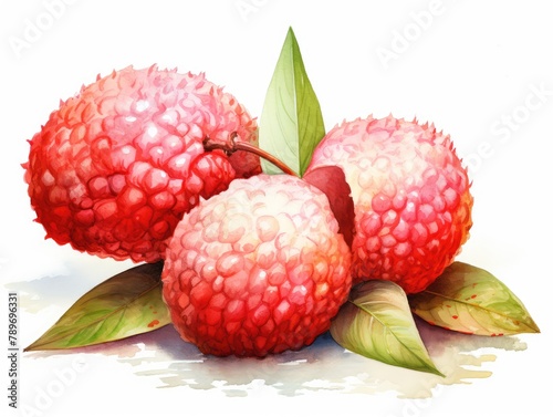 Watercolor Lychee Isolated, Aquarelle Litchi Tropical Fruit Cut, Creative Watercolor Litchi Chinensis Fruits photo