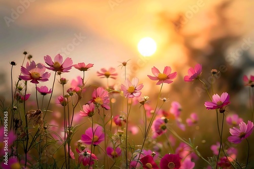   A vibrant display of summer flowers in full bloom against a sunset background.