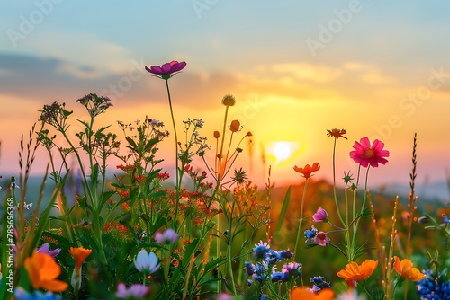 : A vibrant display of summer flowers in full bloom against a sunset background.