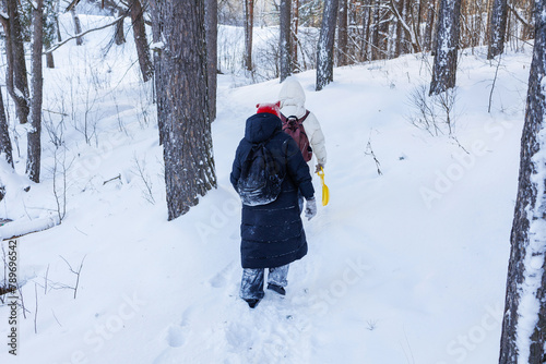 Girls walking in the winter forest  photo