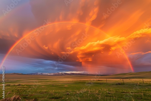 : A vibrant rainbow arching gracefully through a break in the storm clouds.