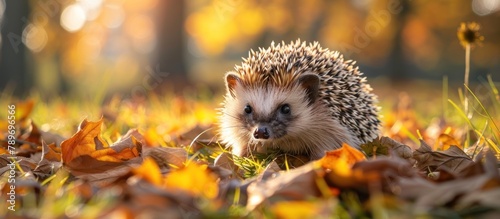 Hedgehog Walking Through Field of Leaves