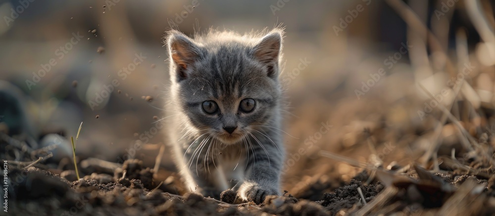 Obraz premium Young Kitten Walking on Dirt Field