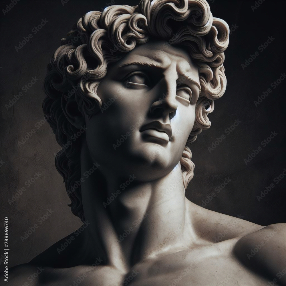 God Apollo bust sculpture. Ancient Greek god of Sun and Poetry Plaster copy of a marble statue isolated on black	