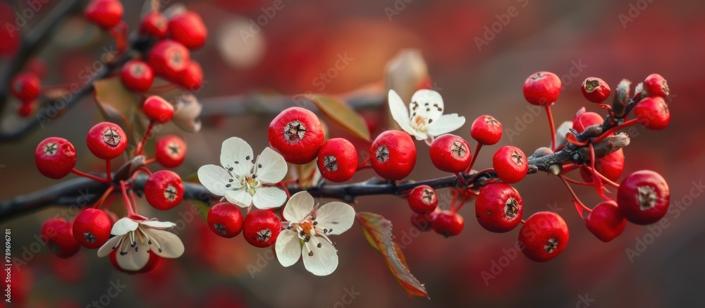 Branch With Red Berries and White Flowers Branch With Red Berries and White Flowers