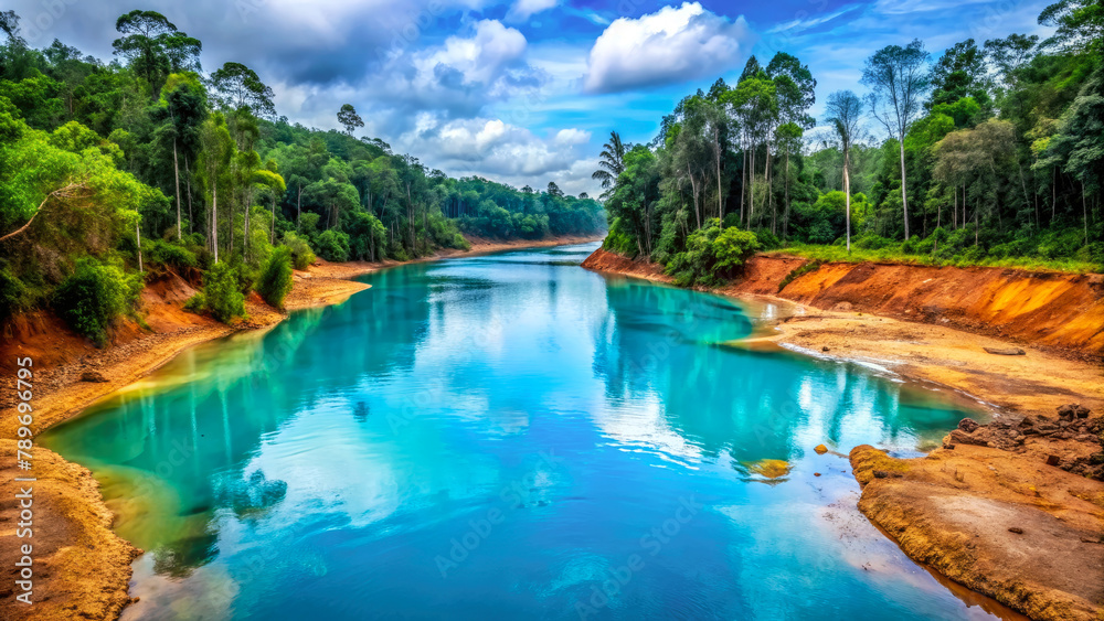 A wide shot of blue river in a tropical jungle, nature wallpaper design. Generative ai