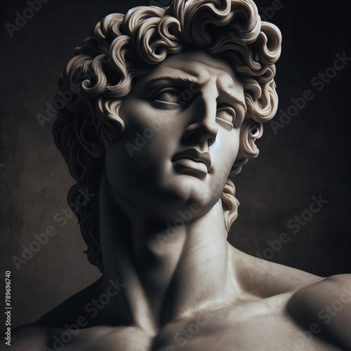 God Apollo bust sculpture. Ancient Greek god of Sun and Poetry Plaster copy of a marble statue isolated on black 