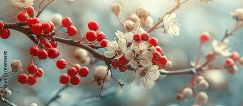 Branch With Red Berries and White Flowers