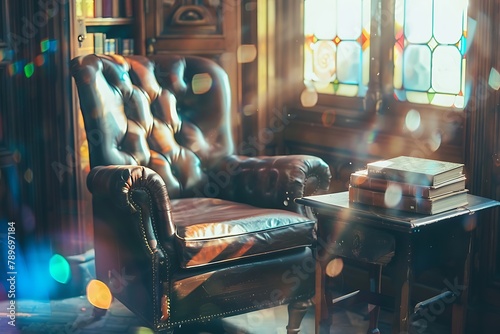 : A vintage library reading nook with a worn leather armchair resting beside a dark wood table. Sunlight streams through a stained-glass window, casting colorful, blurred bokeh shapes onto the tabl photo