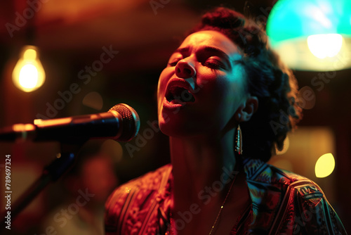 Beautiful black female singer with microphone, stage performance