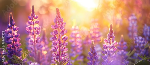 lavender flower in garden field with sunrays sunset light, amazing view photo