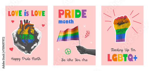 Set of LGBTQ pride month vertical flyers in contemporary halftone collage style. Trendy vector illustrations with hands, human heart and rainbow flag for posters and social media.