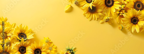 Yellow sunflowers border a frame on a yellow background with copy space. in a flat lay top view