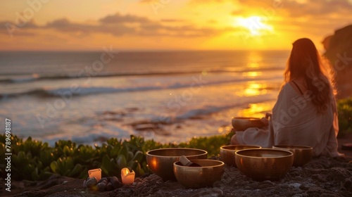 As the sun sets over the ocean visitors are led through a guided sound meditation on a secluded cliff the soothing sounds of singing bowls and ocean waves inducing a 2d flat cartoon.
