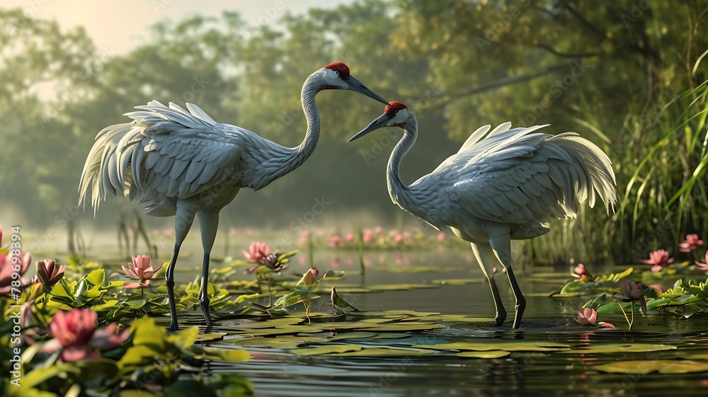 Fototapeta premium A pair of elegant cranes engaged in a graceful dance, their long necks intertwining as they move with effortless beauty.