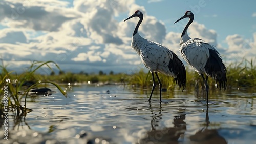 A pair of elegant cranes engaged in a graceful dance  their long necks intertwining as they move with effortless beauty.