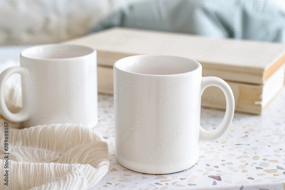 2 blank white mug POD product mockup minimal empty space on terrazzo table two books shell background for book lover reader bookworm earthy coastal hamptons boho marketing literary library campaign 2 blank white mug POD product mockup minimal empty space on terrazzo table two books shell background for book lover reader bookworm earthy coastal hamptons boho marketing literary library campaign