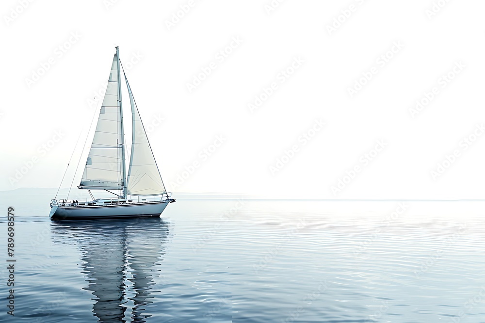 : A white sailboat on a calm sea, isolated on a white background.