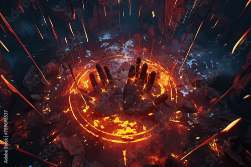 Molten, glowing handprints marking the entrance to a hidden lair, radiating intense heat , 3d style