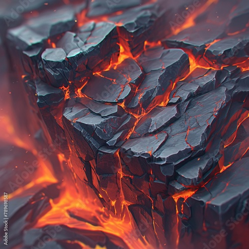 A closeup of molten lava seeping through cracks in an ancient stone wall, whispering voices echoing within , 3d style photo