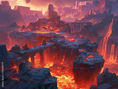 A oncefamiliar landscape transformed into a hellish nightmare, where lava pools replace lakes and molten rock rains from the sky , 3d style