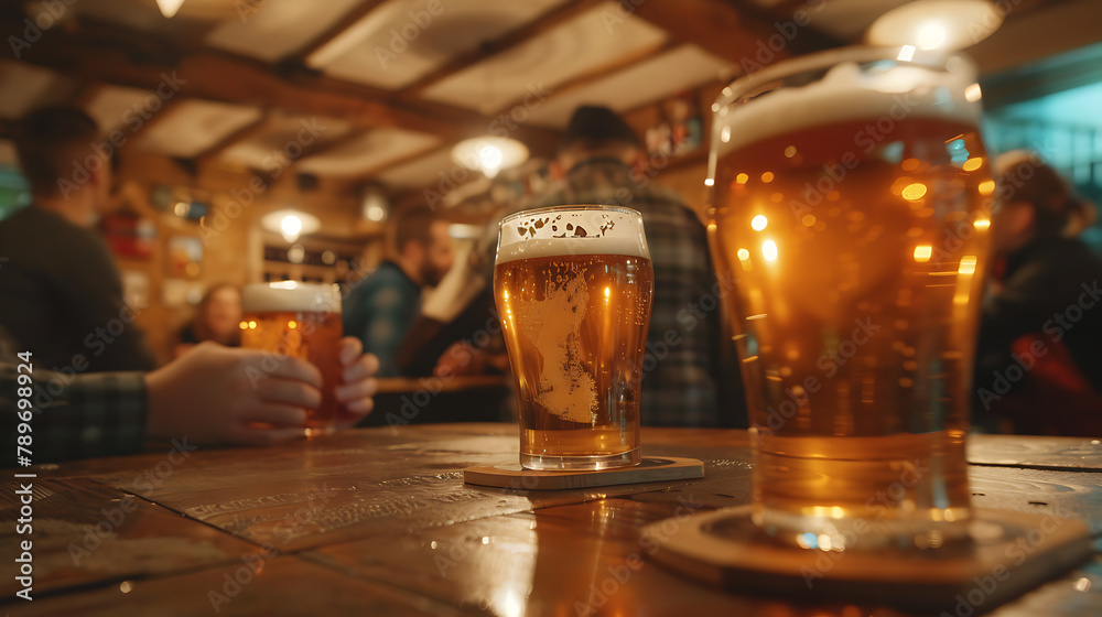 A cozy image capturing pints of beer on a pub table, surrounded by friends engaged in lively conversation and laughter.