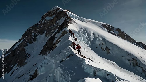 A lengthy queue of mountaineers making their way towards the summit of Everest during the climbing season, shows the crowded conditions of high-altitude mountaineering in the Himalayas video animation