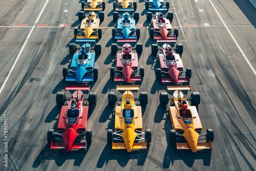 racing cars aligned on circuit formation lap motorsport event