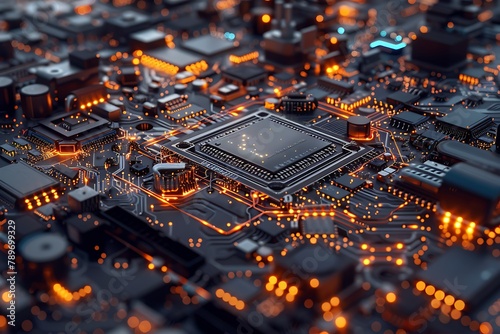 : Abstract motherboard circuitry, close-up view of modern technology.