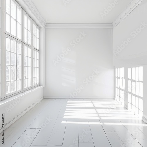 Empty White Room Background, Clean Blank Interior Mockup, Empty Space with Windows
