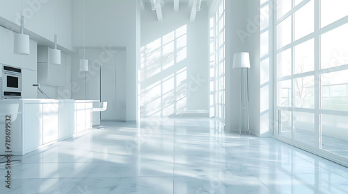 3d rendering white modern design kitchen with lamp  realistic interior design
