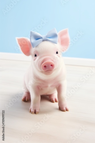 Cute little pig with pastel blue bow on it's head. Minimal concept
