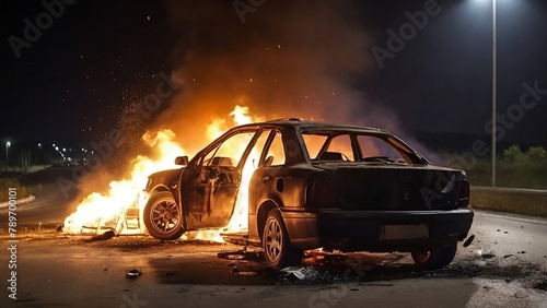 fire in the car and blast after the road accident at night created with generative ai photo
