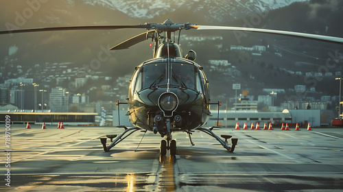 A compelling image depicting a helicopter stationed on the ground, its rotor blades at rest. photo