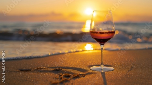 Blank mockup of a single wine glass halffull with a rich burgundy cabernet sauvignon p on a sandy beach with a sunset in the background. .