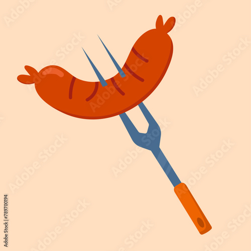 BBQ sausage vector illustration Logo Icon sausage on barbecue fork