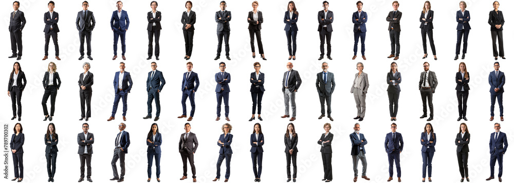 Obraz premium Many business people set on isolated background, formal attire wear, full body length, networking mixed different diversed businesspeople, happy male and female, successful career, crisp edges style