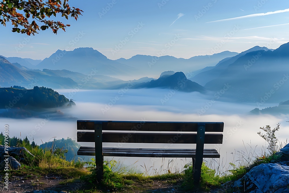: An empty bench overlooking a fog-enshrouded mountain range at dawn.