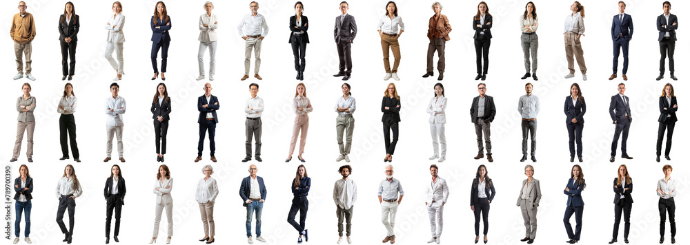 Naklejka premium Many business people set isolated background, casual formal attire wear, full body length, networking mixed different diversed businesspeople, happy male female, successful career, crisp edges style