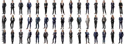Many business people set on isolated background, formal attire wear, full body length, networking mixed different diversed businesspeople, happy male and female, successful career, crisp edges style photo