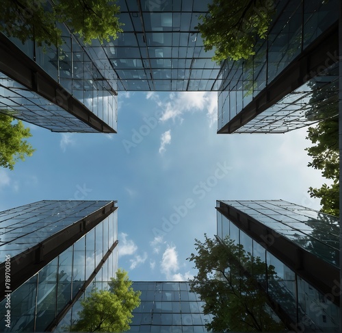 Wallpaper Mural environmentally friendly, sustainable construction. Eco-friendly building. An environmentally friendly glass office block with a tree to offset carbon emissions. Green surroundings at the office. Corp Torontodigital.ca