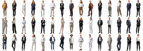 Many business people set isolated background, casual formal attire wear, full body length, networking mixed different diversed businesspeople, happy male female, successful career, crisp edges style photo