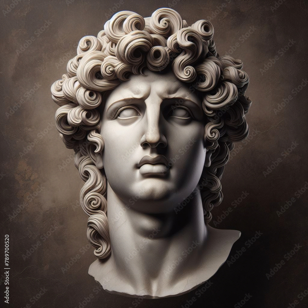God Apollo bust sculpture. Ancient Greek god of Sun and Poetry Plaster copy of a marble statue isolated on black	