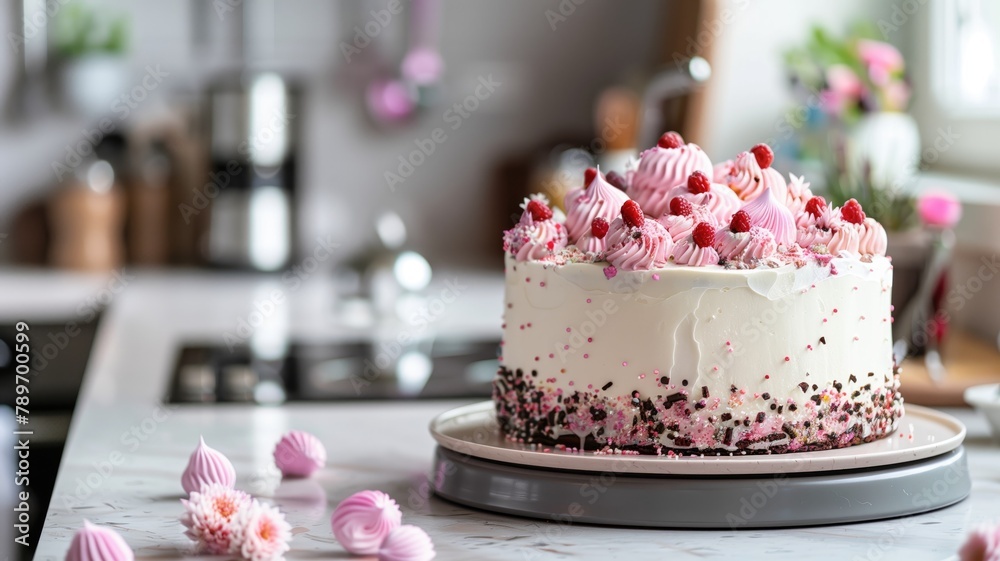 Decorated cake with white frosting and red berries on kitchen counter Decorated cake with white frosting and red berries on kitchen counter