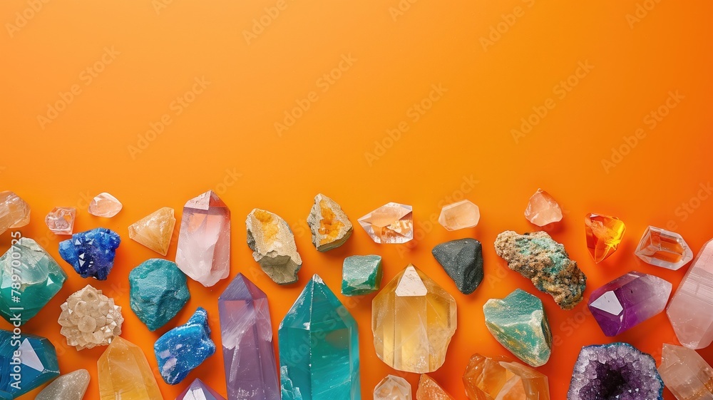Colorful assorted crystals on orange background
