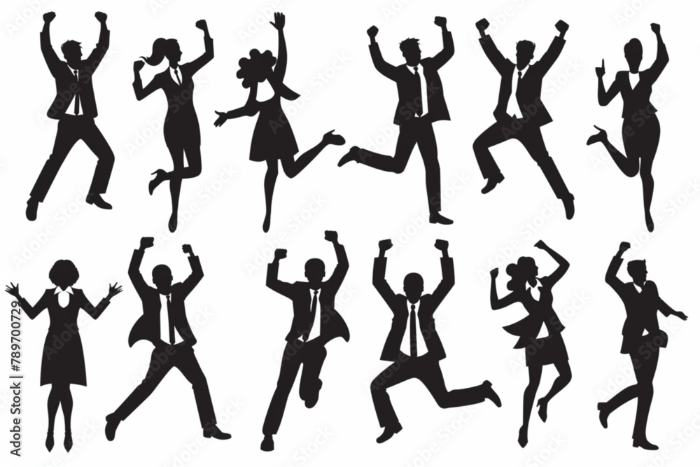 Set of happy business people celebrating victory or success. The concept of joy. Men and women are excited vector icon, white background, black colour icon